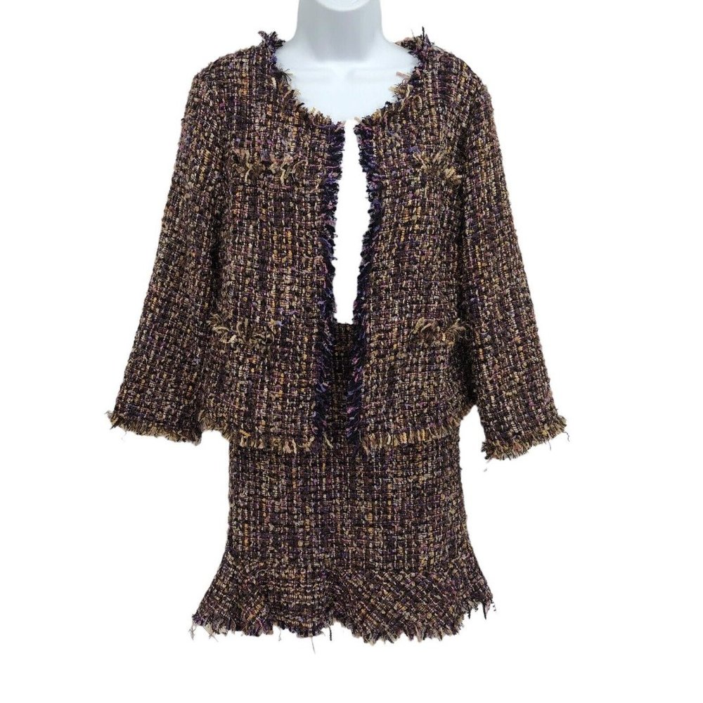 2 Piece Purple Tweed Glitter Raw Hem Blazer Skirt Suit Set Mini Flounce Easter